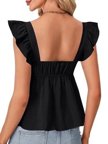 Rooscier Women's Square Neck Ruffle Cap Sleeve Ruched Peplum Babydoll Blouse Tank Tops thumbnail 5