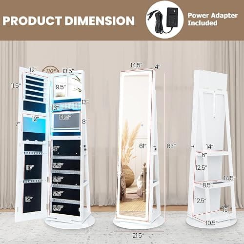 CHARMAID Swivel LED Mirror Jewelry Cabinet Armoire, Full Length Mirror with Storage, 3 Color & Adjustable Lights, Lockable Standing Jewelry Organizer with Lighted Mirror (White) thumbnail 8