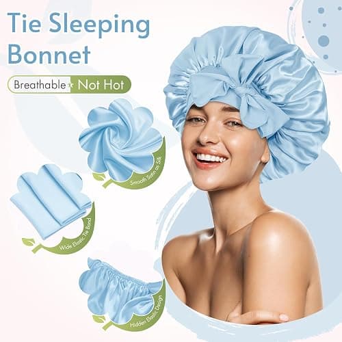 BONNET QUEEN Silk Satin Bonnet for Sleeping Women Adjustable for Curly Dryer Braid Wig Hair Tie Band Night Sleep Hat Cap Loc Soft Elastic M Azul thumbnail 3