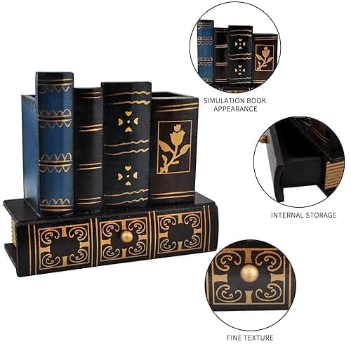 Trendy Boy Vintage Book Pen Holder Retro Pen Desk Organizer with Drawer Wooden Fake Book Shaped Pencil Cup for Home Office Study Library (116) thumbnail 5