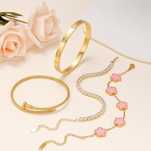 Gold Bracelets for Women, 18K Gold Plated Women Tennis Bracelets Clover Nail Love Bangle Bracelet Set, Gold Bracelet Stackable Set Trendy Jewelry, Gifts for Women's Day and Mother's Day thumbnail 7