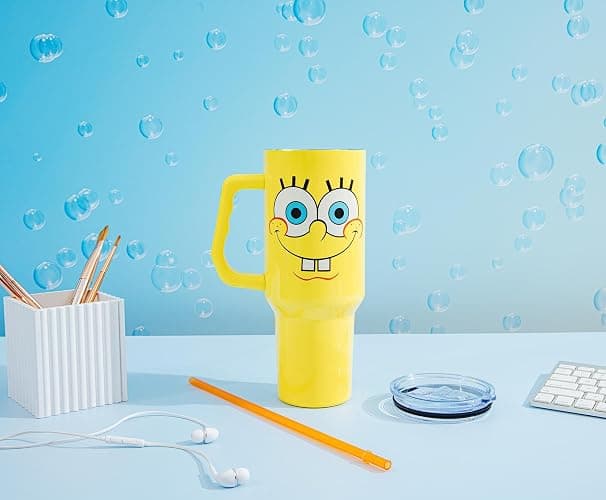 Silver Buffalo SpongeBob SquarePants Stainless Steel Tumbler with Handle, Fits in Standard Cup Holder, 40 Ounces thumbnail 2