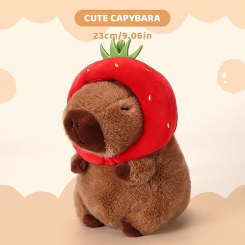 Riuhot Soft Capybara Stuffed Animals Cute Wear Strawberry Hat Capybara Plush Kawaii Plushie Christmas Valentine's Day Birthday for Kids(9in) thumbnail 4