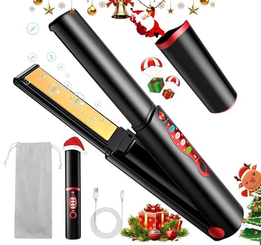 Plancha de pelo y rizador de titanio inalámbrica, mini plancha portátil USB recargable de calor rápido con batería de 5 V/5000 mAh, antiquemaduras de 3 niveles para un cabello liso y brillante (Negro) - Image 1