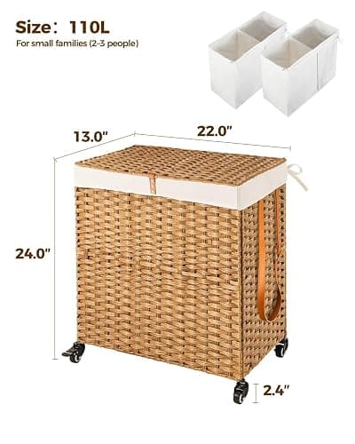 Greenstell Laundry Hamper with Wheels, No Install Needed, 110L Divided Handwoven Hampers & 2 Removable Liner Bags, Synthetic Rattan Clothes Laundry Basket with Lid & Handles, Foldable Hampers Natural thumbnail 3