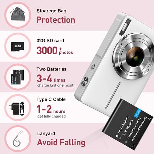Camkory Digital Camera for Kids and Starters, FHD 1080P Point and Shoot Camera with 32GB Card 16X Zoom Anti Shake, Gift for Boys Girls Kids, White thumbnail 7