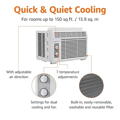 Amazon Basics 5000-BTU Window Air Conditioner with Quiet Operation, Up to 150 Sqf, Cool and Fan Functions, Washable Filter, Adjustable Window Kit, Intuitive Mechanical Controls, for Small Room, White thumbnail 4