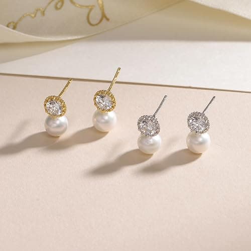 18K Gold Plated 925 Sterling Silver Round CZ Drop Pearl Earrings for Women thumbnail 4