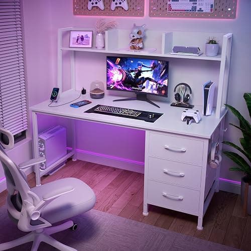 White Computer Desk with Hutch & Drawers - Office Desk with 3 Storage Drawers and Power Outlets, 47 Inch Modern Study Writing Desk for Bedroom Home Office - White - 47.2" thumbnail 4