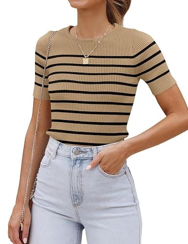 ZESICA Women's Short Sleeve Crewneck Striped T Shirt 2025 Summer Ribbed Knit Slim Fit Casual Basic Tee Tops - Image 1