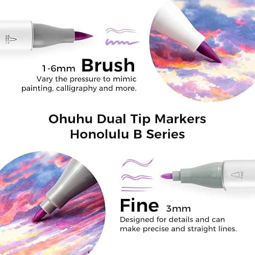 Ohuhu Alcohol Markers Brush Tip- 104-color Double Tipped Alcohol Based Art Marker Set for Artists Adults Coloring Illustration- Honolulu B of Ohuhu Markers- Dual Tip Brush & Fine- Refillable thumbnail 2