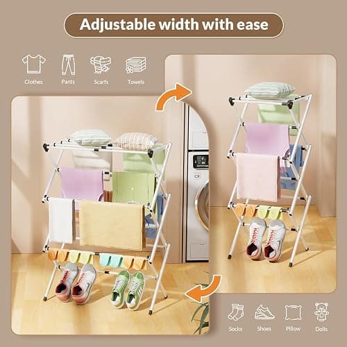 CEHIFIA Foldable Clothes Drying Rack - 3-Tier Laundry Drying Rack, Collapsible Metal Indoor Airer, Portable X-Type Clothing Dryer with Shoe Hanger for Home & Balcony (No Assembly Required) thumbnail 6
