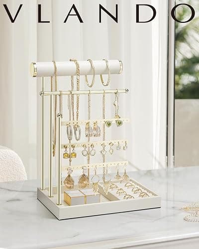 VLANDO Jewelry Stand Organizer with Ring Holder, Mothers Day Mom Gifts, Jewelry Holder Organizer with Tray, Necklace Holder Bracket Holder Earring Holder - Cloud White thumbnail 2