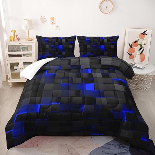 Nttopship Geometric Blue Black Comforter Set,Light Honeycomb 3 Piece Bedding Set Twin Size for Teen Boys,Modern Quilt Set Geometry Decor,Microfiber Lightweight 1 Comforter 2 Pillowcases All Season - Blue - Twin thumbnail 2