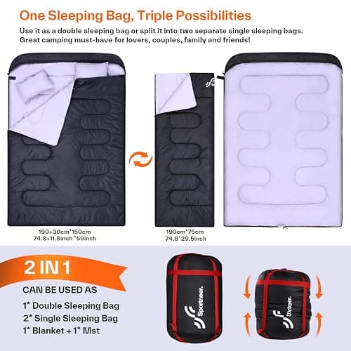 Sportneer Double Sleeping Bag: Queen Size 2 Person All Season for Warm & Cold Weather Camping Sleeping Bag with 2 Pillows, Waterproof Lightweight Large Size 86.6'' x 59'' thumbnail 4