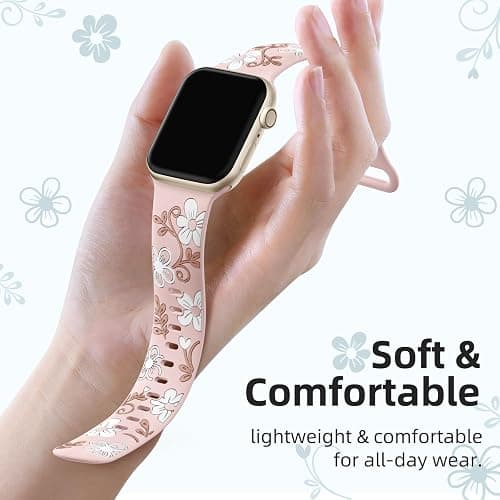 Witzon Floral Band Compatible with Apple Watch Bands For Women 40mm 41mm 38mm 42mm 44mm 45mm 46mm 49mm, Engraved Cute Flower Silicone Dressy Strap for iWatch Series 11 10 9 8 7 6 5 4 3 2 SE Ultra thumbnail 3