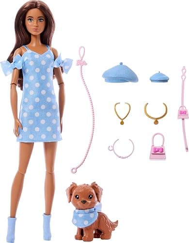 Barbie Twinning Looks Doll with Pet Dog in Matching Blue Polka Dot Clothes and Accessories for Both Like Berets and Purses, Brown Hair thumbnail 6