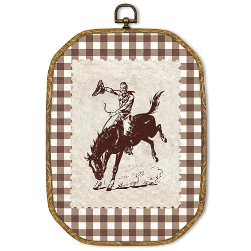 GUULIJEEMIY Vintage Western Cowboy Canvas Wall Art Decor, Rustic Cowboy Riding Horse Octagon Framed Wall Art Prints, Farmhouse Country West Southwestern Hanging Decor for Living Room Bedroom, 10.2x7In - Image 1