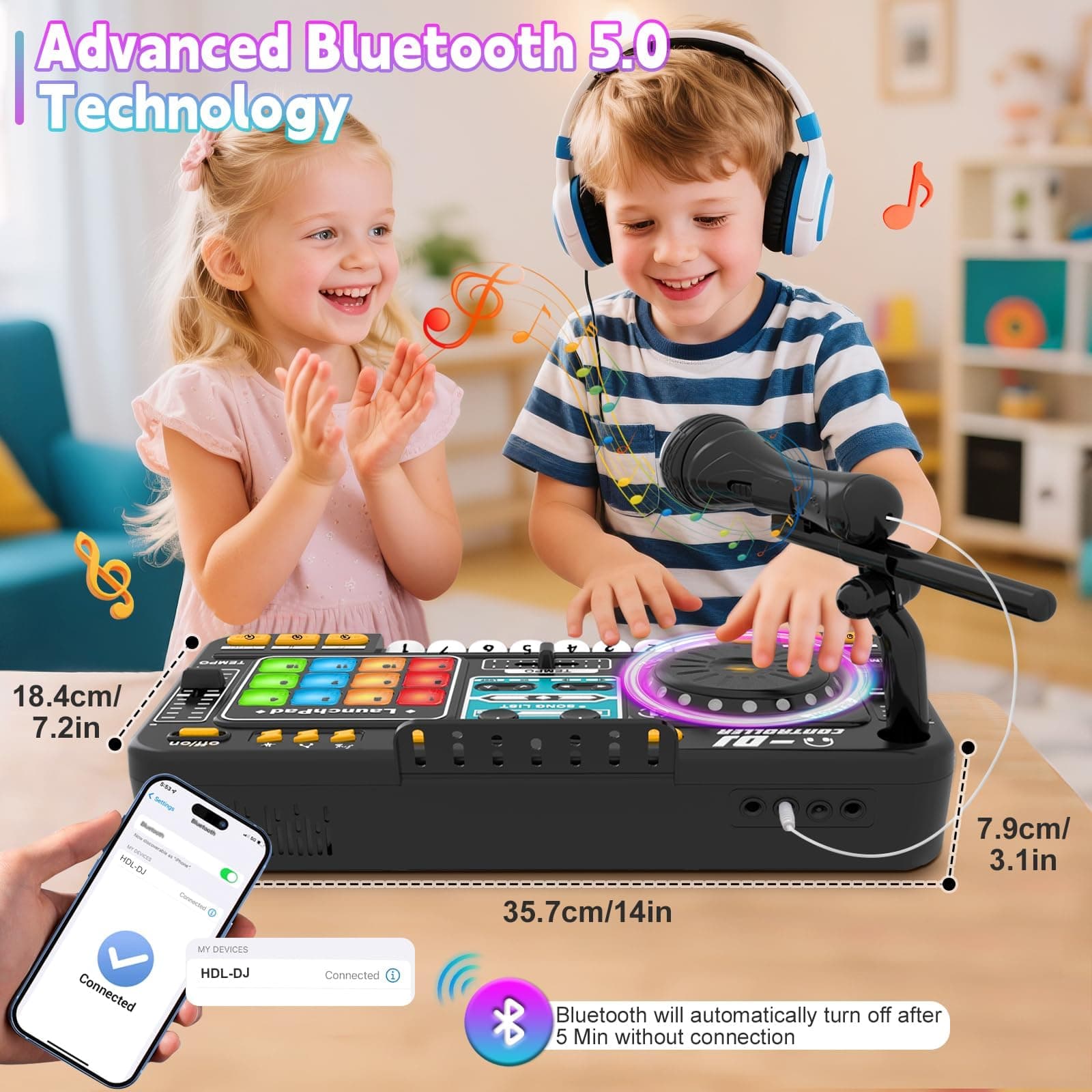 Kids Toys DJ Mixer for Party, Kids' Karaoke Machines, Music Toy with Bluetooth & Microphone for Ages 3+, 2000+ Sound Effects & Colorful Light - Idea Gift for Birthday Holiday(Black) thumbnail 3