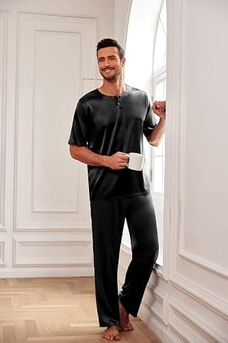 Ekouaer Mens Silk Pajama Set Short Sleeve Sleepwear Satin Pj with Long Pant | Loungewear,Breathable Nightwear,Soft Bottoms,Drawstring,Pocket,Matching Sets,Summer,Fall,Winter,Men's Gift,Vacation Outfit thumbnail 2