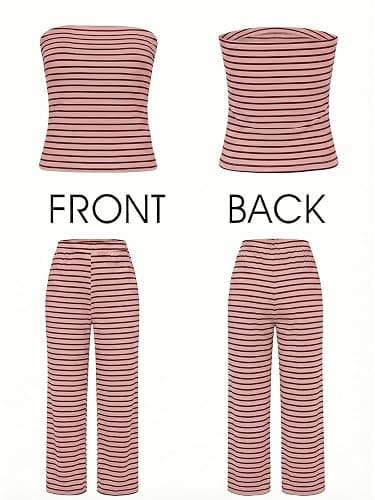 Tankaneo Womens Striped 2 Piece Sets Summer Strapless Crop Tube Tops Wide Leg Pants Matching Lounge Set Vacation Outfits thumbnail 5