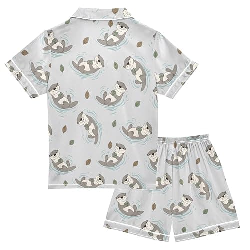 OWFKAY Kids Satin Pyjamas Set, Gray Otters Cute Girls Short Sleeve Button-Down Pajamas Pjs thumbnail 4