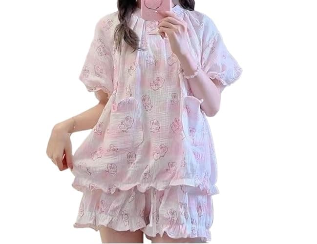 Wayolyn Y2K Jojifuku Cutecore Short Sleeve Shirt Shorts Sets Kawaii Bow Graphic Rabbit Pajamas Set Cute Pjs Summer - Image 1