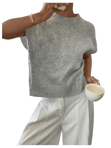 SOLY HUX Women's Ribbed Sweater Crew Neck Short Sleeve Loose Fit Floral Knit Pullover Tops - Image 1