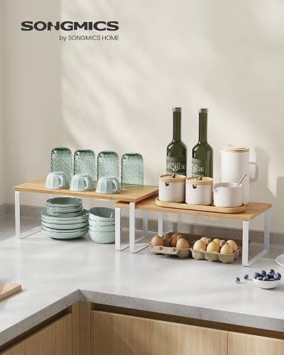 SONGMICS Cabinet Organizer Shelf, Set of 4 Kitchen Counter Shelves, Kitchen Storage, Spice Rack, Stackable, Expandable, Metal and Engineered Wood, Cloud White and Natural Beige UKCS210W01 thumbnail 3