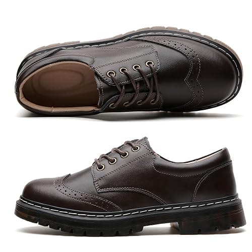 Women's Vintage Oxford Shoe,Perforated Lace-up Round Toe Leather Low Heel Brogues Shoe for Girls Ladies Women - 6.5 - Brown thumbnail 3