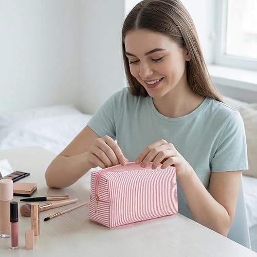 Sanwuta 6 Pcs Seersucker Cosmetic Bags Bulk, Striped Zippered,Coral Pink | Makeup Bags Women Pouch, Large Preppy Storage Toiletry Travel Pouch for Wedding Bridesmaid Bride Favor Back to Teacher Gift thumbnail 2