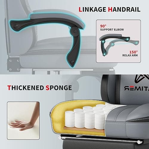 Gamtimer Gaming Chair with Footrest, Ergonomic Computer Chair, PU Breathable Material with Headrest and Lumbar Support, Suitable for Silla Gamer and Adults（Grey） thumbnail 5