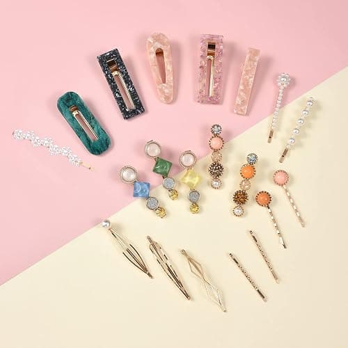 Mehayi 20 PCS Pearls and Acrylic Resin Hair Clips, Handmade Hair Barrettes, Marble Alligator bobby pins, Glitter Crystal Geometric Hairpin, Elegant Gold Hair Accessories, Gifts for Women Girls thumbnail 3