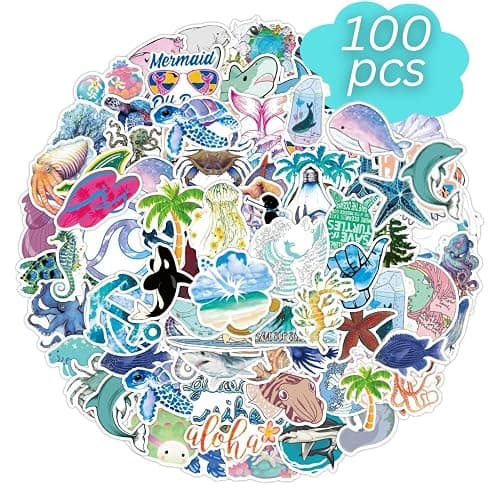 Adeela 100 Ocean Animal Stickers for Water Bottles & Laptops, Vinyl Decals, 2–3.5 in, Assorted Sea Life & Beach Designs, 100 Pack - Image 1