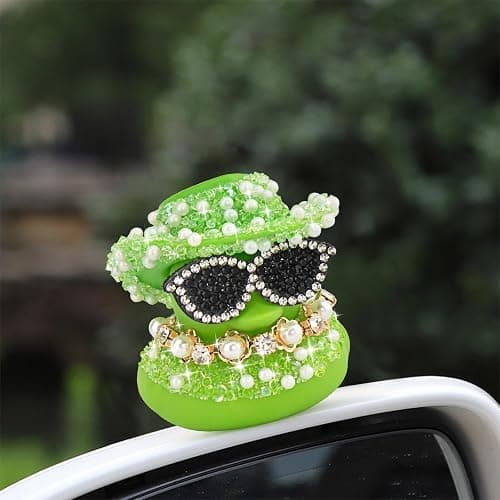 wonuu Color Diamond Funny Rubber Duck Car Ornaments Dashboard Decorations for Car Accessories Single-Character Pearl and Diamond Necklace, Green thumbnail 6