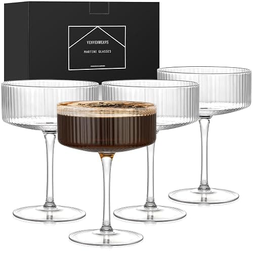 VENVENWEAVS Coupe Glasses Set Of 4,Hand-blow10 Oz Vintage Cocktail Glasses,Ribbed Martini Glasses For Espresso Martini, Champagne,Cosmopolitan,Manhattan,Cocktail Party,Cocktail Glassware Gift Set - Image 1