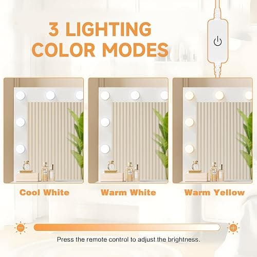 YESHOMY Vanity Desk with Mirror, 10 Lights, Power Outlet and 3 Storage Shelves, Makeup Table with 4 Drawers, 3 Color Modes, for Bedroom, White thumbnail 7