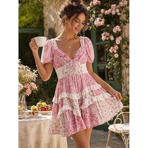 GUCURIN Women Floral Mini Dress Puff Sleeve V Neck Lace Patchwork Ruffle Tiered Backless Dress Senior Picture thumbnail 3