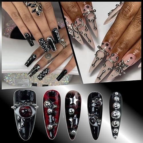 UWETIME Goth Nail Charms Metal Charms for Nails Studs Black Silver Punk | 3 Boxes thumbnail 7