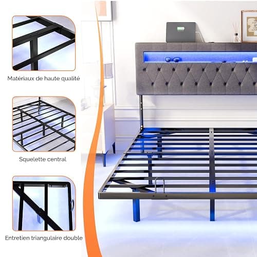 Bonnlo Lit 140 x 190 avec Sommier, Lit 2 Personnes Flottant avec Éclairage LED et Ports USB/Type-C, Tête de Lit Tapissée avec Rangement, Structure Stable en Métal, Tissu en Lin Gris thumbnail 8