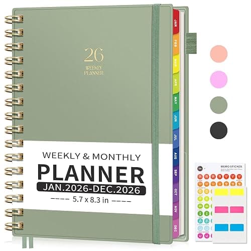 EMSHOI 2026 Planner, Weekly and Monthly, JAN 2026 - DEC 2026, A5 (5.7" x 8.3"), 100GSM Thick Paper, PVC Cover, Colorful Tabs - 2026 Calendar Organizer for Work, School, Home, LightGreen - Image 1