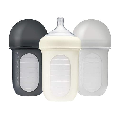 Boon Nursh Reusable Silicone Pouch Baby Bottles - Medium Flow Nipple - Silicone Baby Bottle Pouch and Nipple - Baby Feeding Essentials - Gray - 3-6 Months - 3 Count - 8 Ounce - Image 1