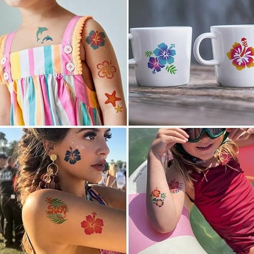 CHARLENT Glitter Hibiscus Temporary Tattoos for Aloha Party Decoration - 74 Individually Sheets Glitter Hawaii Flower Tattoos for Kids Women Hawaiian Party Favors thumbnail 3