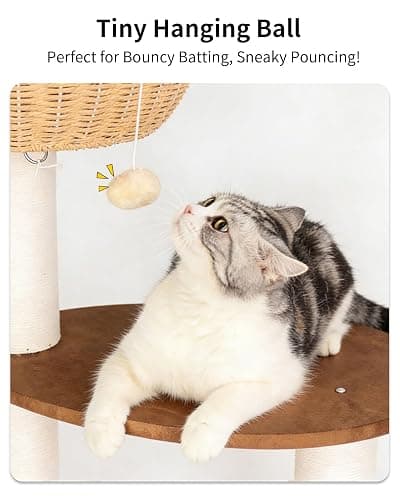 PETTIFUL Modern Cat Tree for Large Cat, 57-Inch Tall Cat Tower with Scratching Post for Indoor Cats, Multi-Level Cat Condo with Hand-Woven Cat Bed and Acrylic Bowl (White 81007DD) thumbnail 3