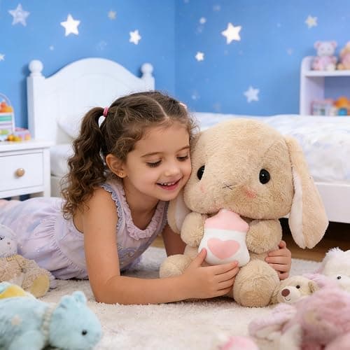 HOUPU Soft Toy - Sitting Lop Eared Rabbit, Easter White Rabbit Stuffed Bunny Animal with Carrot Soft Lovely Realistic Long-Eared Standing Pink Plush Toys (Brown-Milk Bottle,16.9in/43cm) thumbnail 2