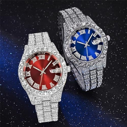 SENRUD Men's Diamond Watch Fashion Crystal Rhinestone Quartz Analog Watch Iced-Out Bracelet Wrist Watch thumbnail 6