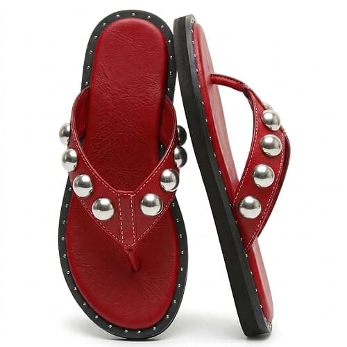 Riekhany Studded Thong Sandals for Women Round Toe Slip On Flip Flop Slides | Comfortable Clip Toe Contrast Tacked Thong Slipper Shoes For Daliy Working Casual - Image 1