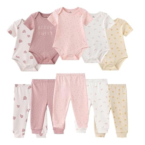 Ruliby Baby Bodysuit and Pant Set 10-pcs Cotton Soft Newborn Boy Girl Clothes Outfits - Image 1