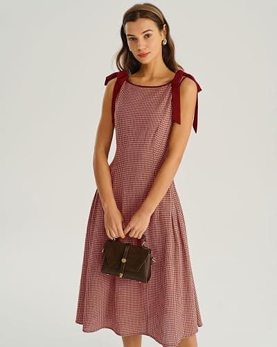 RIHOAS Women's Plaid Boat Neck A-Line Midi Dress - Casual Vintage Plaid Dress for Women thumbnail 4