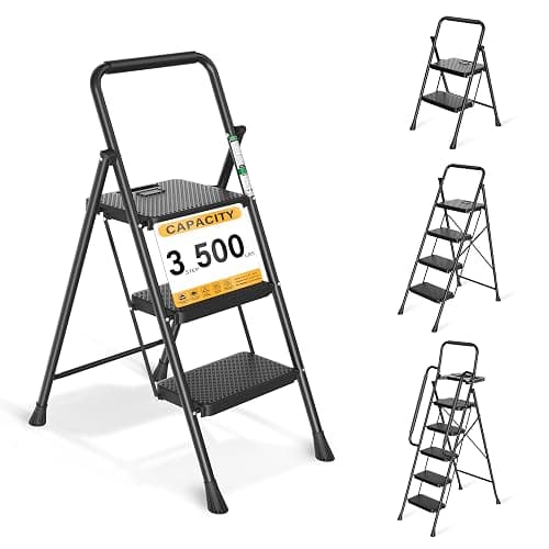 3 Step Ladder, Portable Steel Folding Stool with Wide Anti-Slip Pedal, 500lbs Sturdy Steel Ladder, Black - Image 1